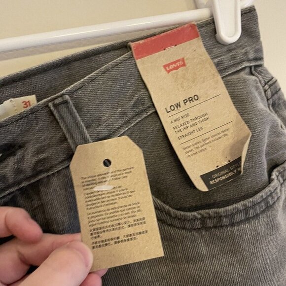 Levis Womn 31 Gray Denim Splatter Hem Slouchy Mid Rise Low Pro Straight Jean NWT - Picture 8 of 14